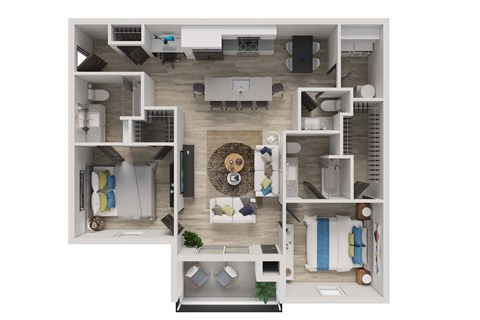 Floor plan for 2 beds, 2.5 baths, 1079 sqft